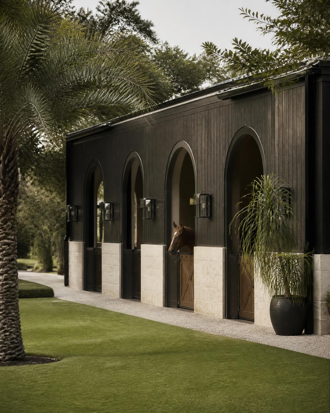 Cocheiras contemporâneas do Haras Vellatore entre vegetação